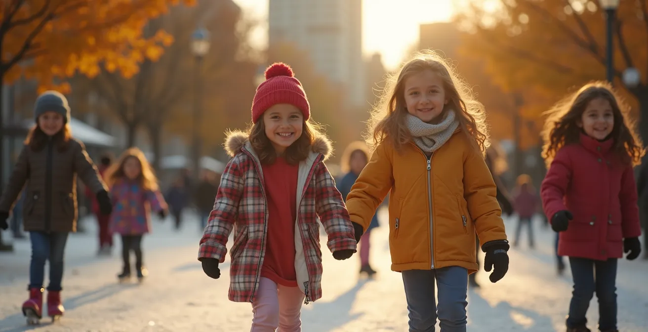 Enfants divers jouant dans un parc urbain à Montréal lors d’activités gratuites et ludiques