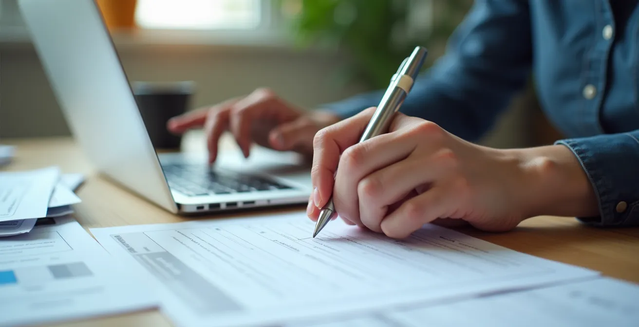 Bénévole remplissant un formulaire de demande de permis sur un ordinateur portable, avec documents administratifs visibles