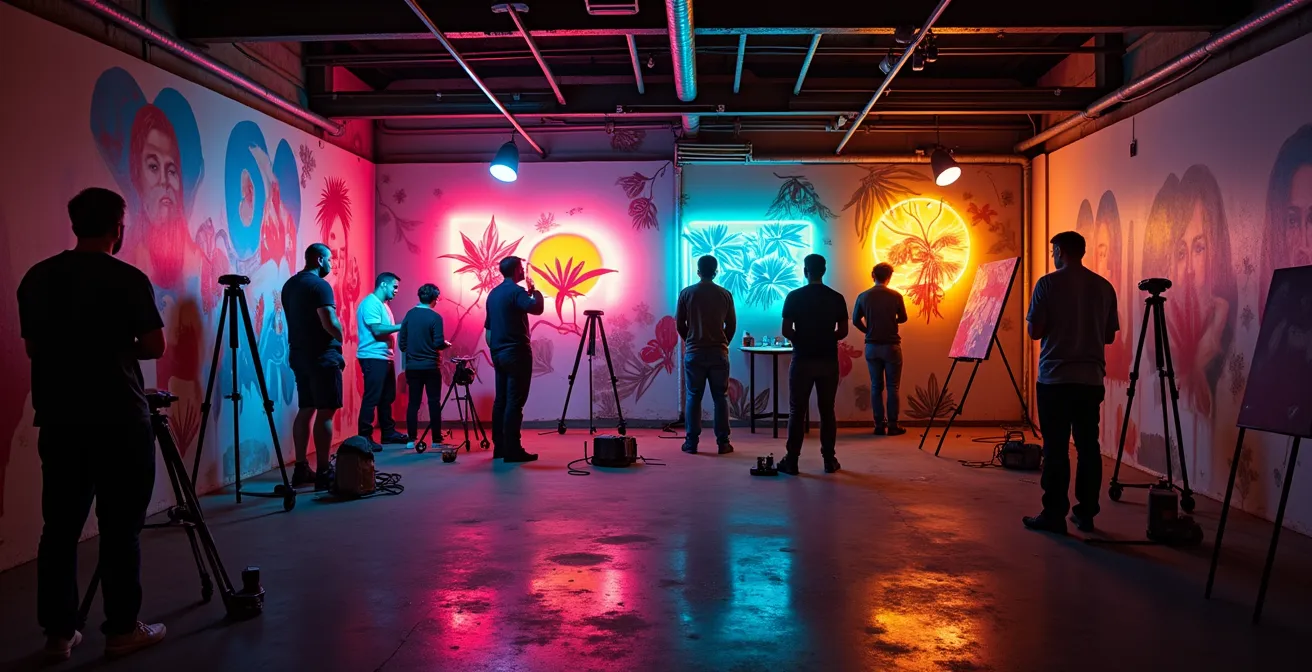 Photographie en contre-jour d'un collectif d'artistes en train de peindre une fresque dans un entrepôt désaffecté à Hochelaga, lumière néon et ambiance underground.