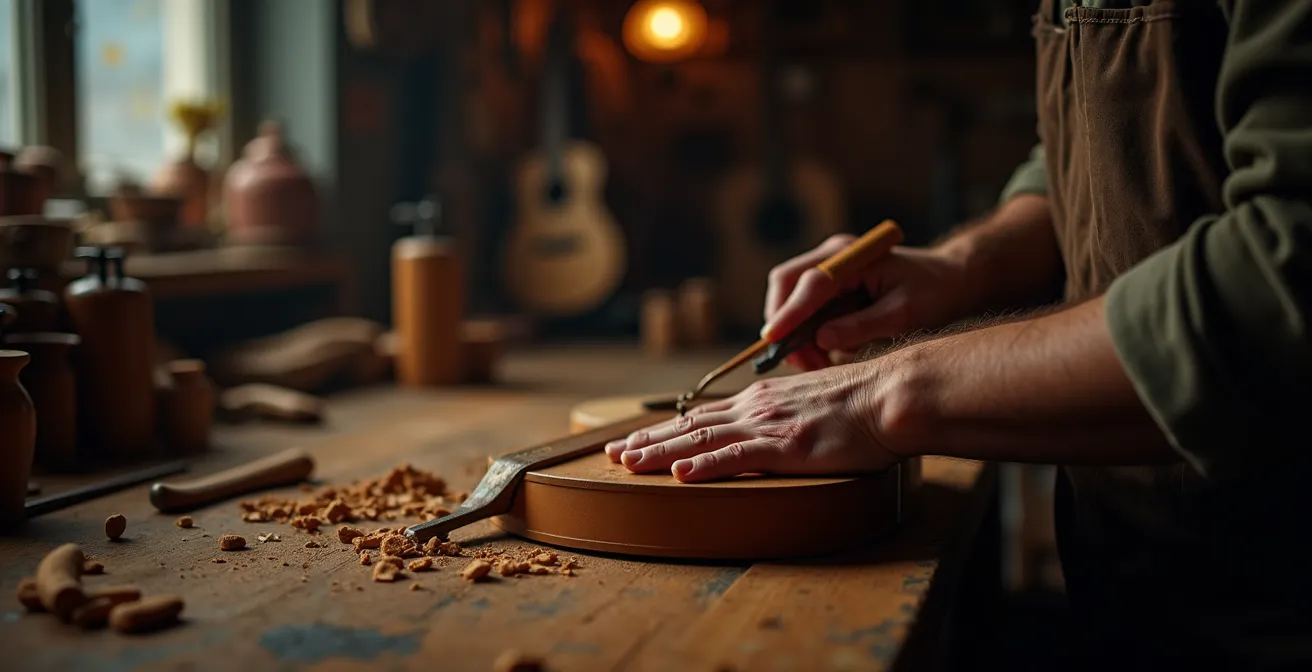 Artisan luthier montréalais au travail dans un atelier chaleureux sur le Plateau