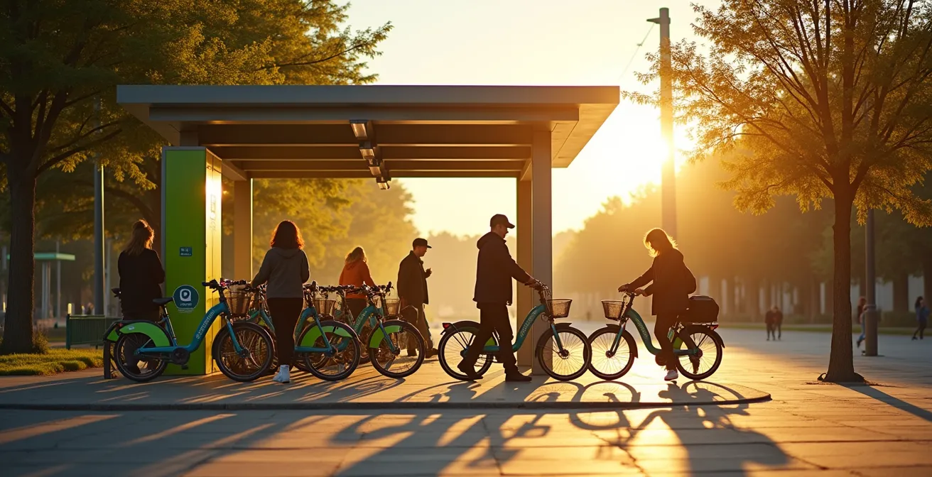 Station BIXI à Montréal avec vélos électriques et utilisateurs en train de louer et retourner les vélos avec fluidité