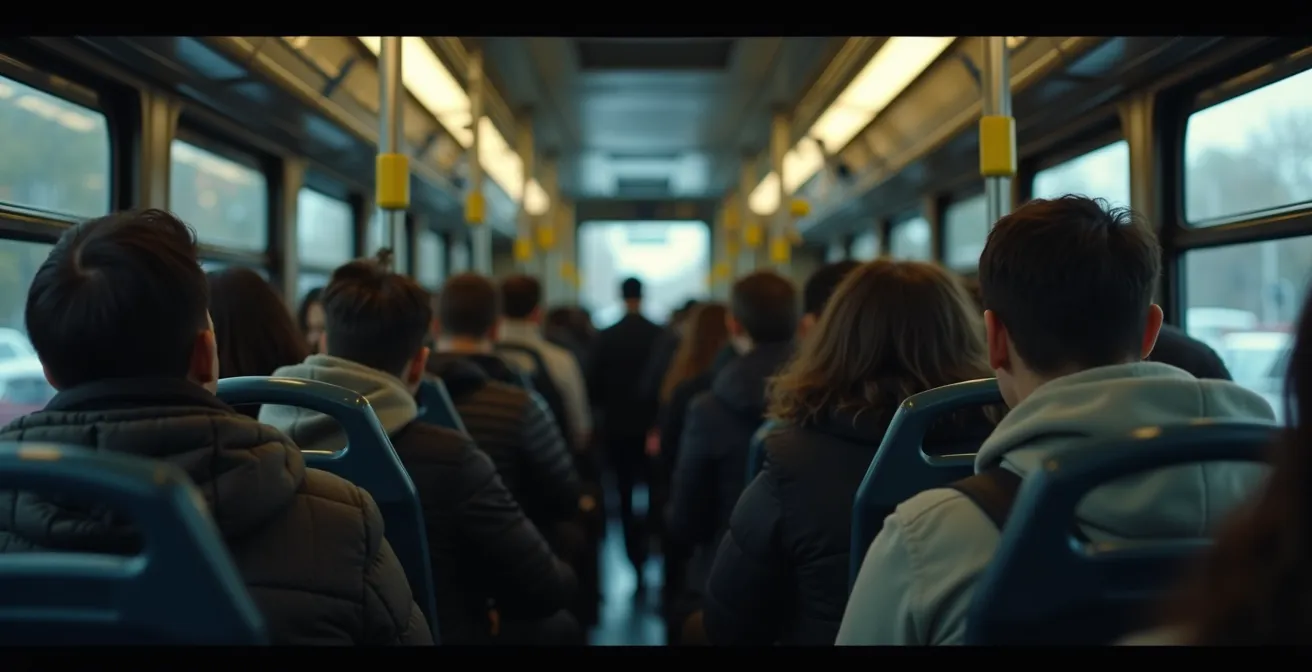 Bus urbain montréalais bondé avec passagers respectant les règles d'étiquette dans l'espace limité