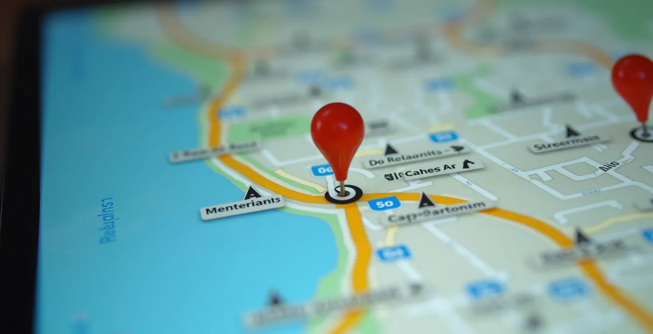Capture d’écran stylisée d’une carte interactive Google My Maps montrant des calques thématiques colorés et des annotations détaillées sur Montréal