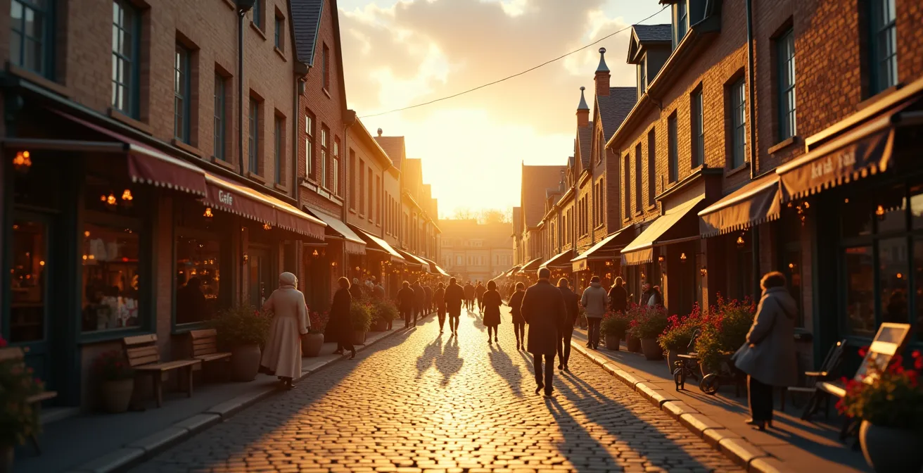 Photo d'un village québécois pittoresque, avec rues pavées, cafés indépendants et façades d'artisans locaux au coucher du soleil.