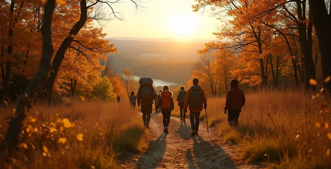 Randonneurs sur un sentier forestier calme avec un panorama sur plusieurs parcs nationaux autour de Montréal en automne avec couleurs vives.