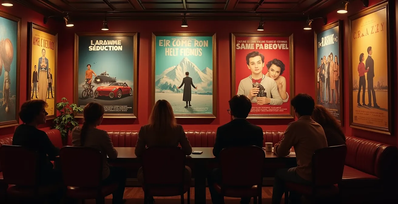 Affiches stylisées des cinq films québécois emblématiques illustrant la quête identitaire et les thématiques culturelles locales