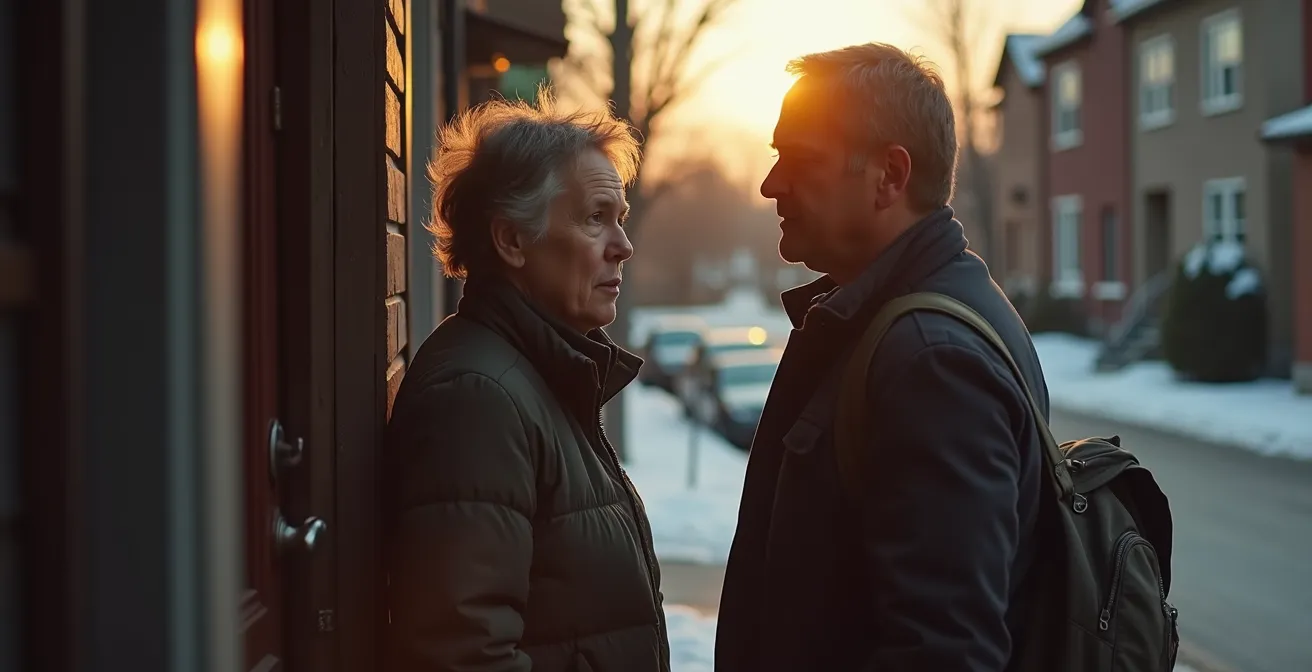Deux voisins montréalais échangeant calmement devant une porte d’entrée, avec une atmosphère paisible et respectueuse