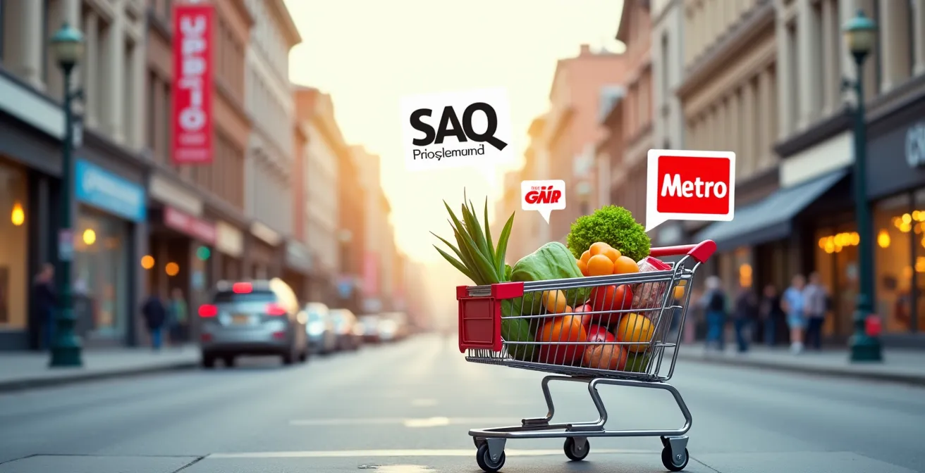 Visuel comparatif symbolique des programmes de fidélisation montréalais PC Optimum, SAQ Inspire, Metro&Moi