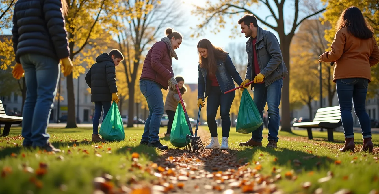 Groupe diversifié de citoyens équipés de gants, sacs à déchets, et outils, travaillant ensemble dans un parc à Montréal sous un soleil lumineux.