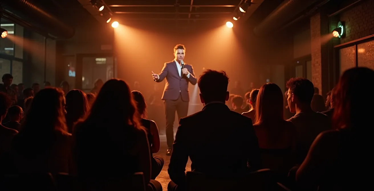 Scène artistique alternative montrant un spectacle d'humour dans un lieu atypique avec un public diverse et engagé.