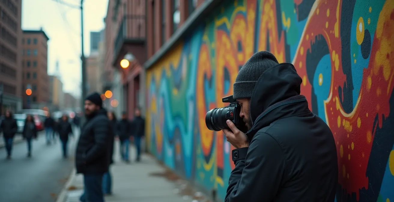 Artiste photographiant une murale colorée dans un quartier urbain animé à Montréal, avec une caméra professionnelle et smartphone pour archivage