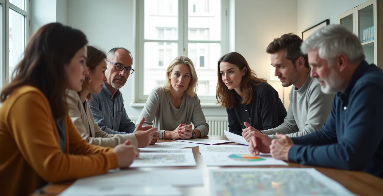 Groupe de citoyens lors d’une assemblée participative dans une salle municipale de Montréal, discutant activement des projets urbains.