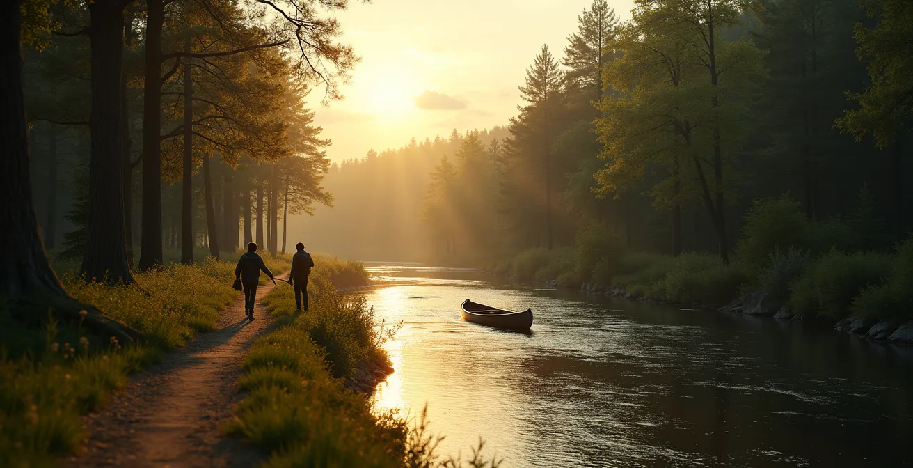 Vue panoramique d'une escapade nature autour de Montréal avec rivière, forêt et sentiers, capturant l'essence de la découverte hors de l'île en toute saison.