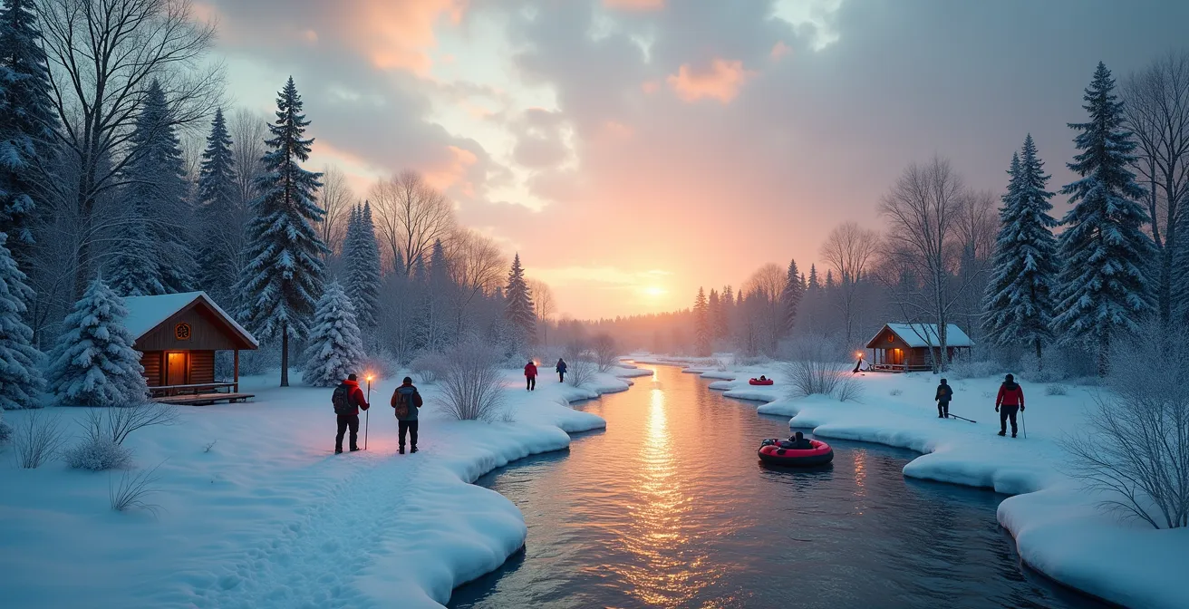 Vue panoramique symbolique d'un paysage autour de Montréal avec des scènes d'activités hivernales (pêche sur glace, raquettes) et estivales (baignade en rivière, randonnée), illustrant les escapades d'une journée hors de la ville.