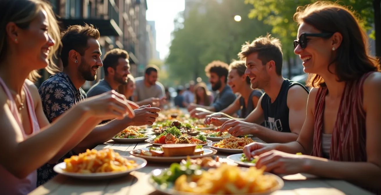 Scène conviviale montrant des voisins de diverses origines rassemblés en extérieur autour d'une table de repas partagé, avec décors urbains montréalais