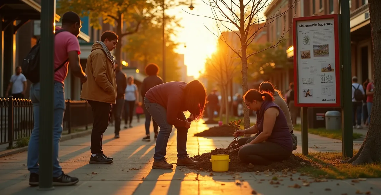 Une scène vibrante montrant des citoyens divers de Montréal engagés dans des actions communautaires dans un quartier urbain, symbolisant le changement local actif