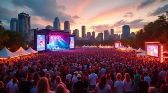 Vue aérienne animée d'un grand festival en plein centre-ville de Montréal avec foule joyeuse et ambiance festive