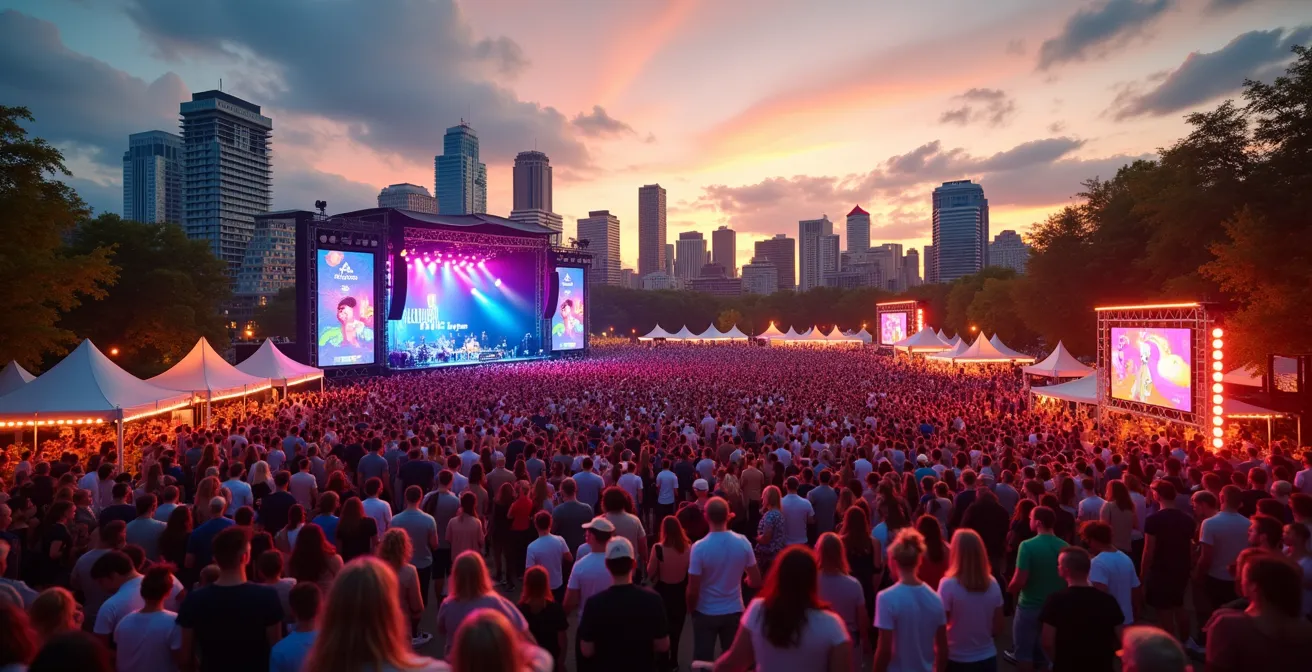 Vue aérienne animée d'un grand festival en plein centre-ville de Montréal avec foule joyeuse et ambiance festive