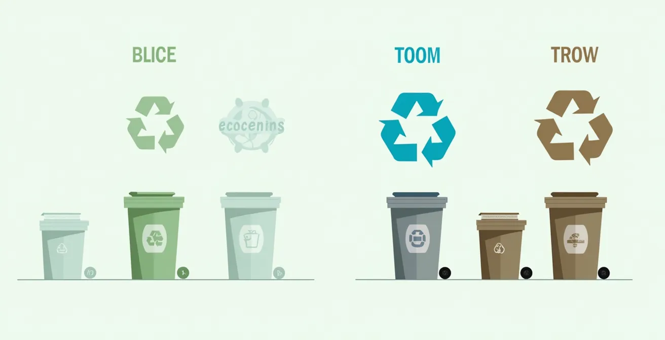 Illustration claire des différentes poubelles de tri (vert, bleu, brun) et écocentre montréalais