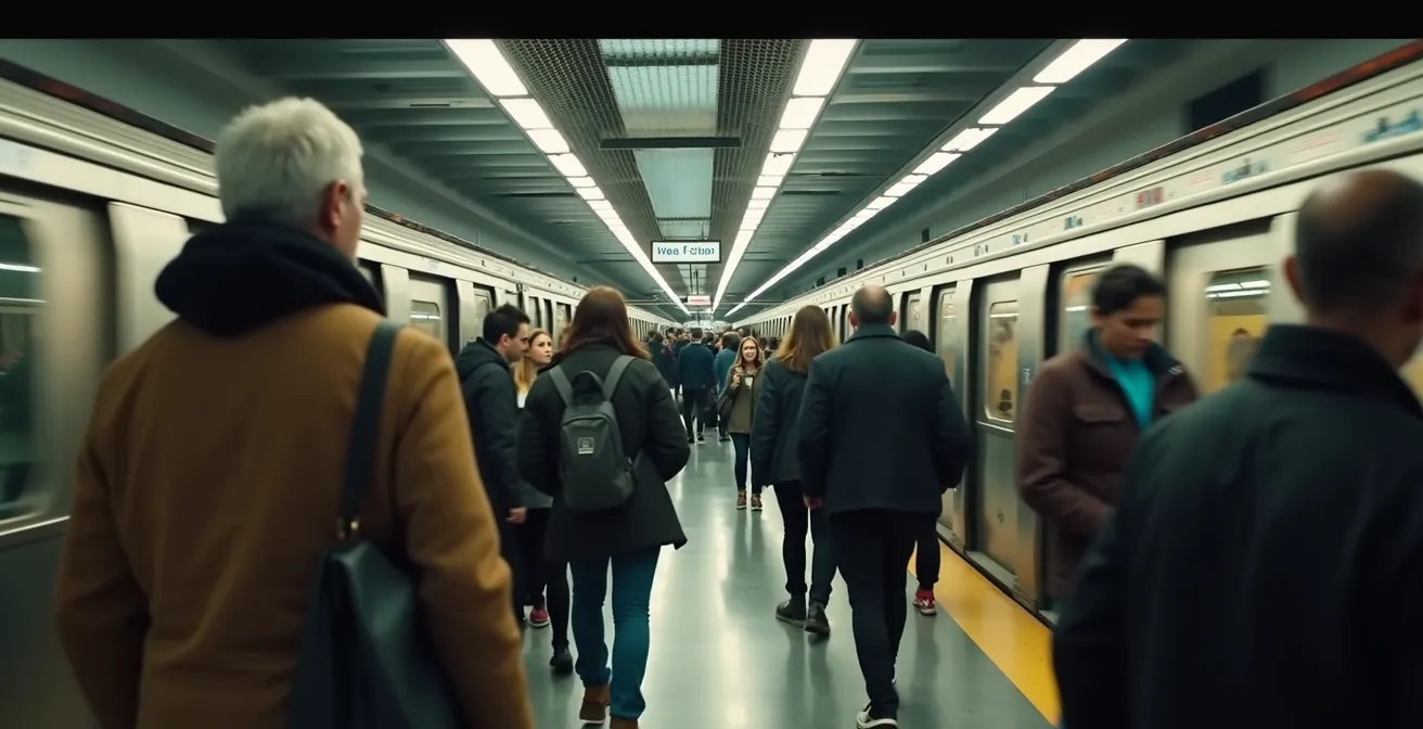 Vue panoramique du réseau du métro de Montréal avec une foule diverse de voyageurs montréalais dans une station animée