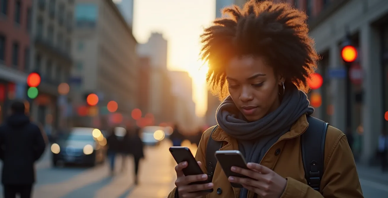 Image symbolique montrant un Montréalais utilisant des applications mobiles et des astuces urbaines pour optimiser sa vie quotidienne à Montréal