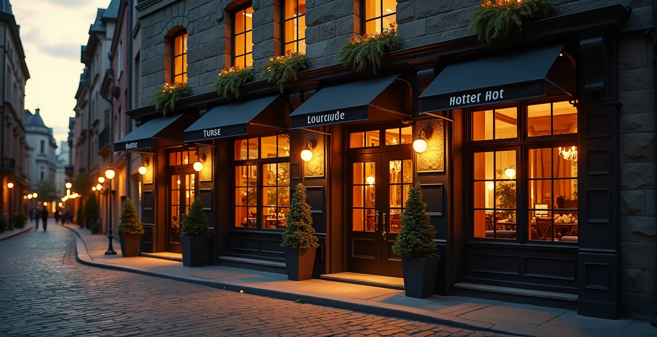 Vue artistique d'un hôtel boutique avec une âme authentique à Montréal, mêlant architecture historique et vie urbaine vibrante