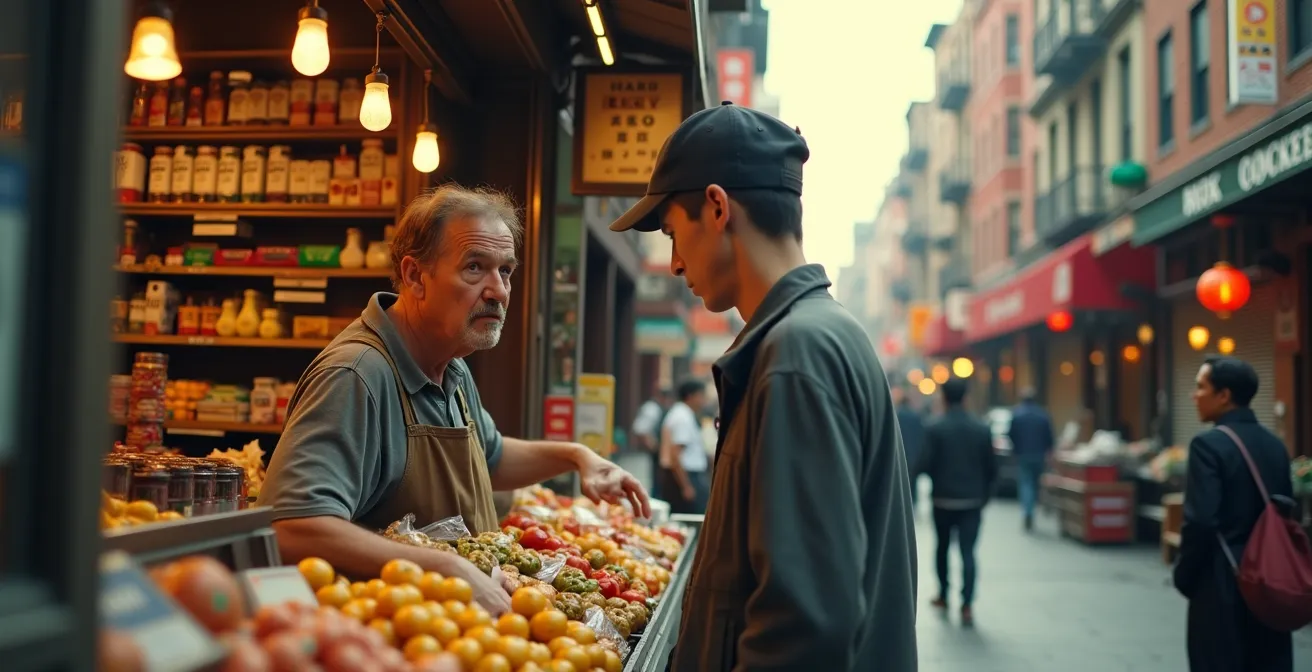 Scène de vie montrant une interaction chaleureuse dans une épicerie italienne traditionnelle voisine d'une rue animée du quartier chinois avec enseignes en caractères chinois.