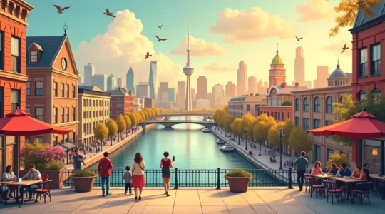 Vue panoramique de Montréal avec des éléments symboliques représentant un circuit touristique personnalisé : cartes, repères et amateurs explorant la ville