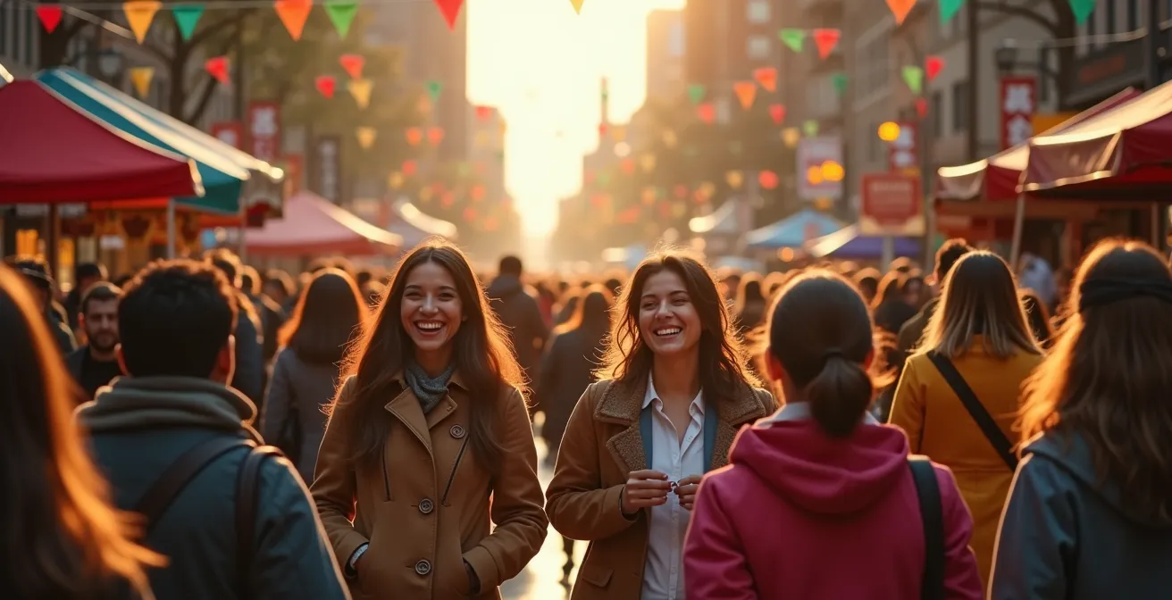 Vue vibrante et colorée d'une rue de Montréal montrant une diversité culturelle avec plusieurs drapeaux et activités multiculturelles.