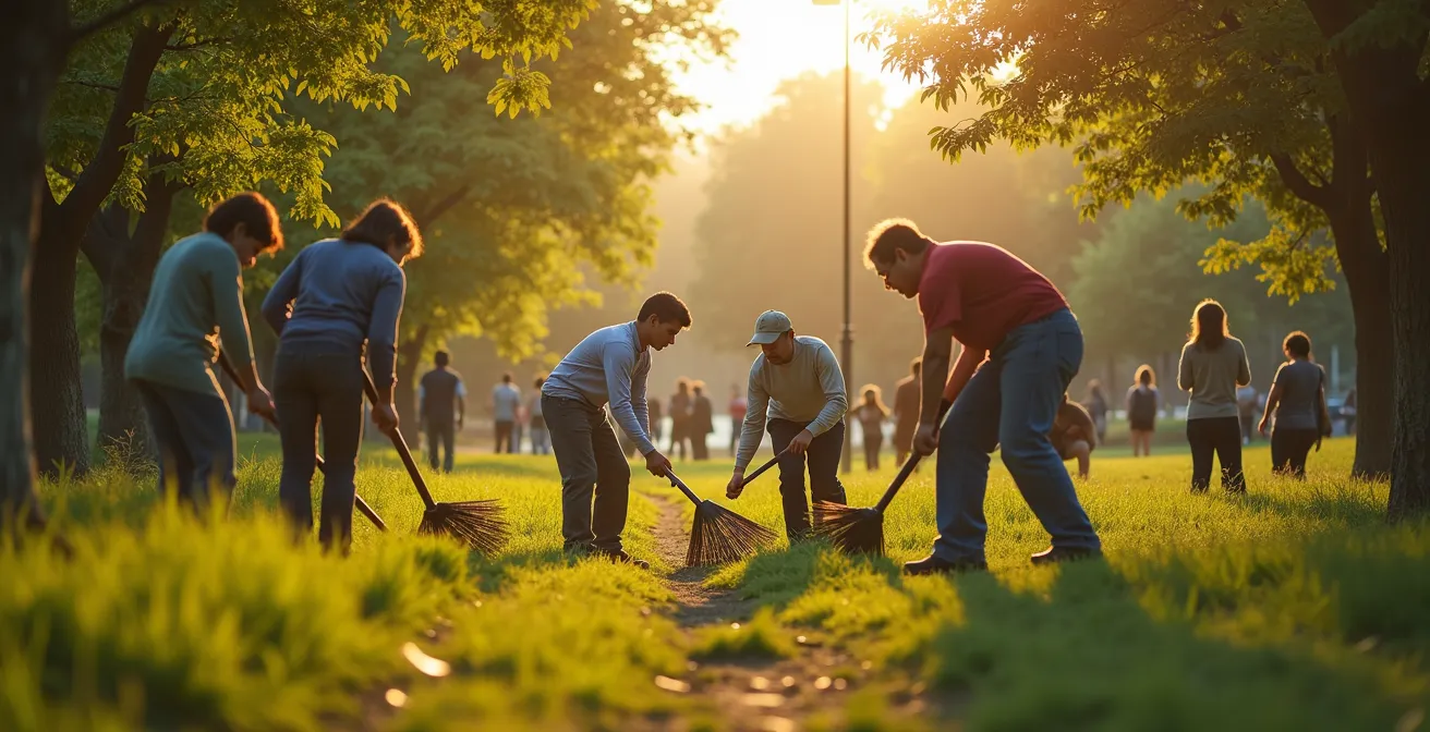 Une scène symbolique montrant plusieurs citoyens de divers âges s'engageant activement dans la protection et le nettoyage d'un grand parc urbain avec des arbres, sentiers, et espaces verts en arrière-plan.