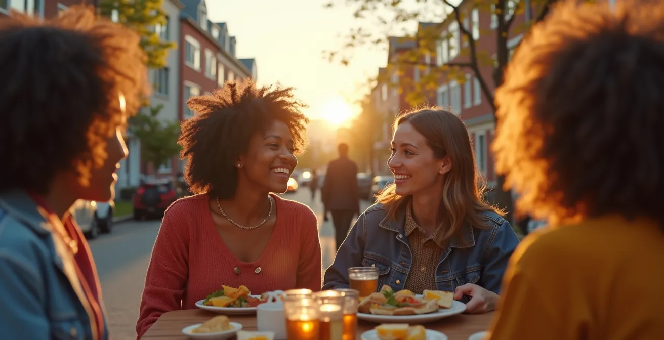 Illustration d'un quartier montréalais chaleureux où les voisins échangent, partagent et s'entraident dans leur rue