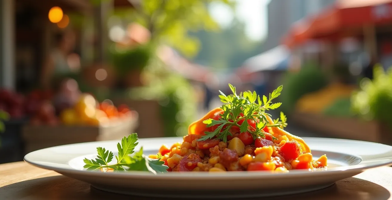 Plat gastronomique local avec produits frais montréalais et marché fermier en arrière-plan