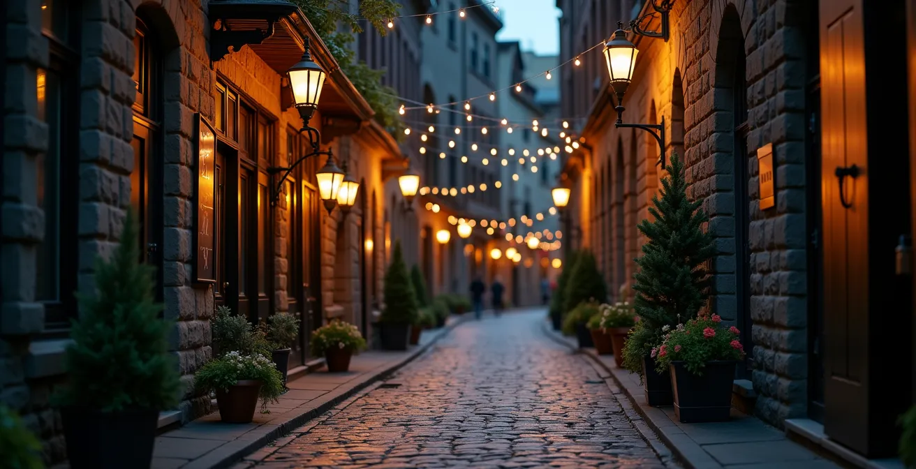 Ruelle paisible et pavée du Vieux-Montréal avec une auberge à la façade discrète et charme historique