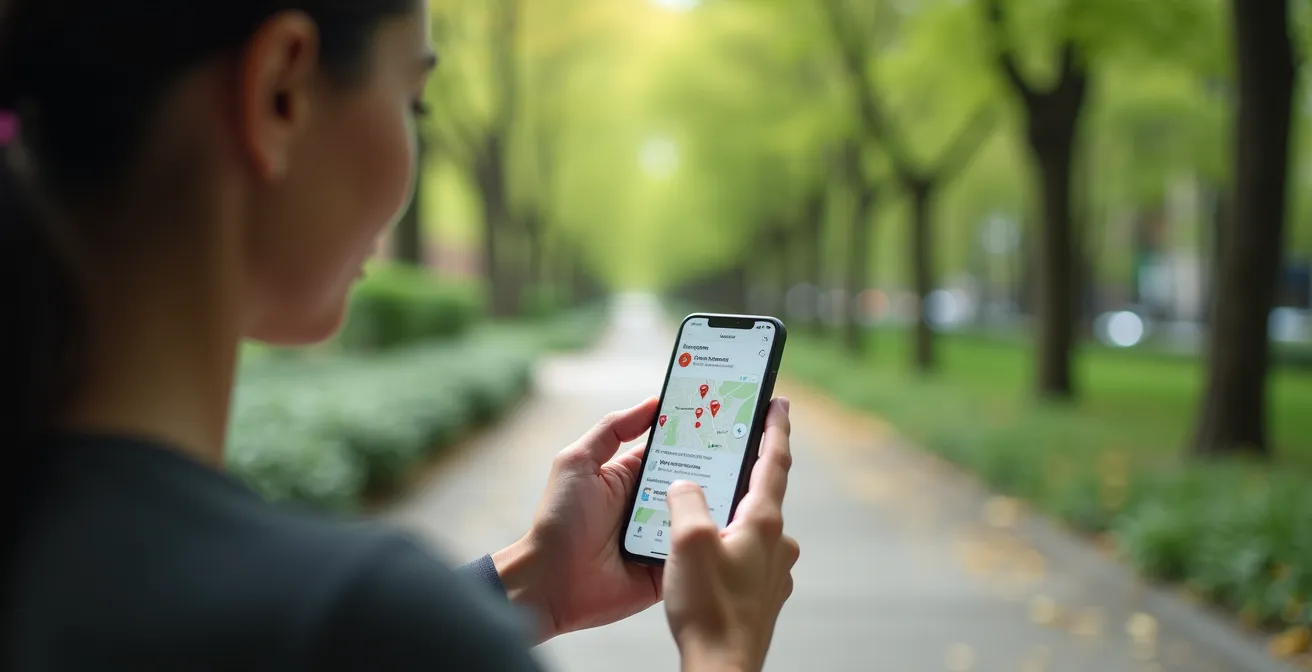 Personne utilisant un smartphone en plein parc urbain pour faire un signalement via une application dédiée aux services municipaux à Montréal.