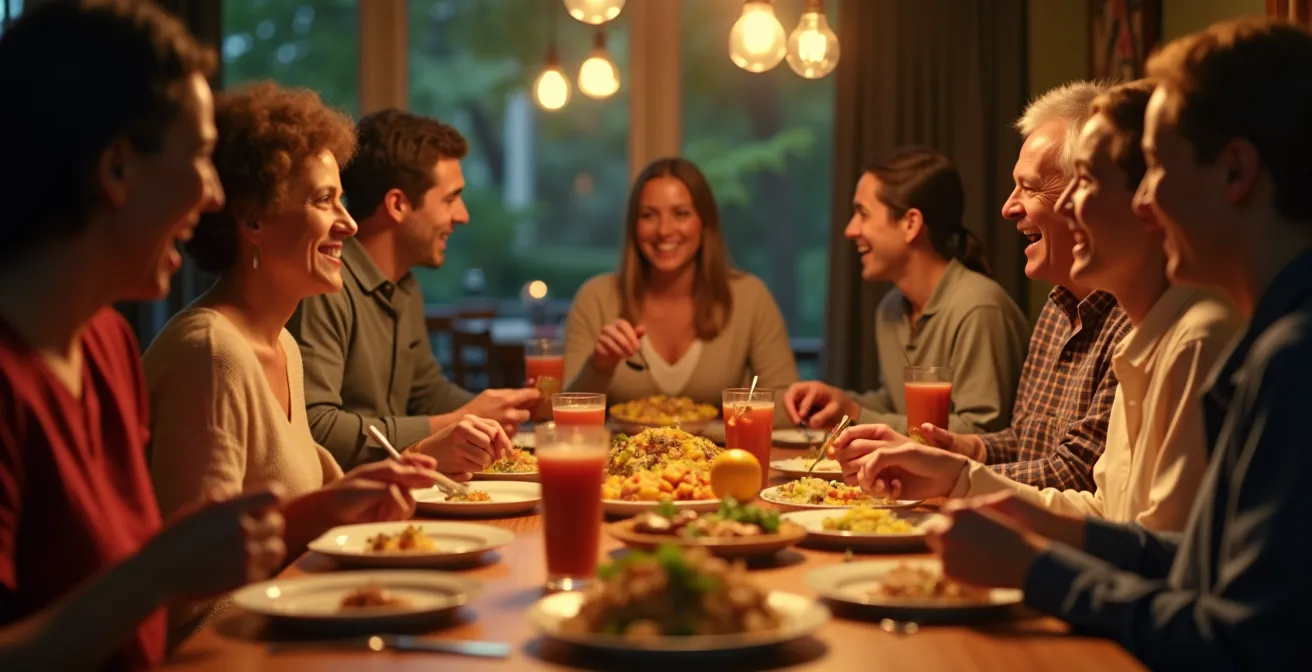 Table conviviale avec des Montréalais partageant un repas varié et coloré lors d'une soirée potluck