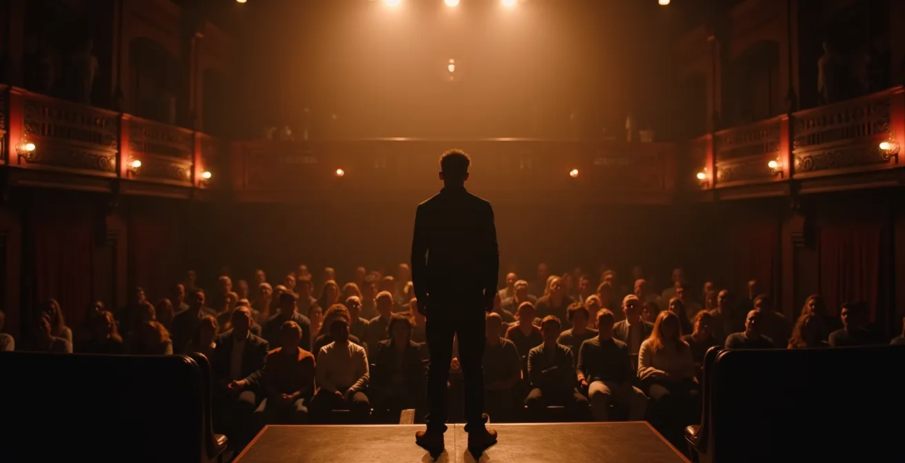 Scène vivante d’une représentation théâtrale montréalais avec un acteur en joual, public captivé et ambiance intimiste d’un théâtre classique