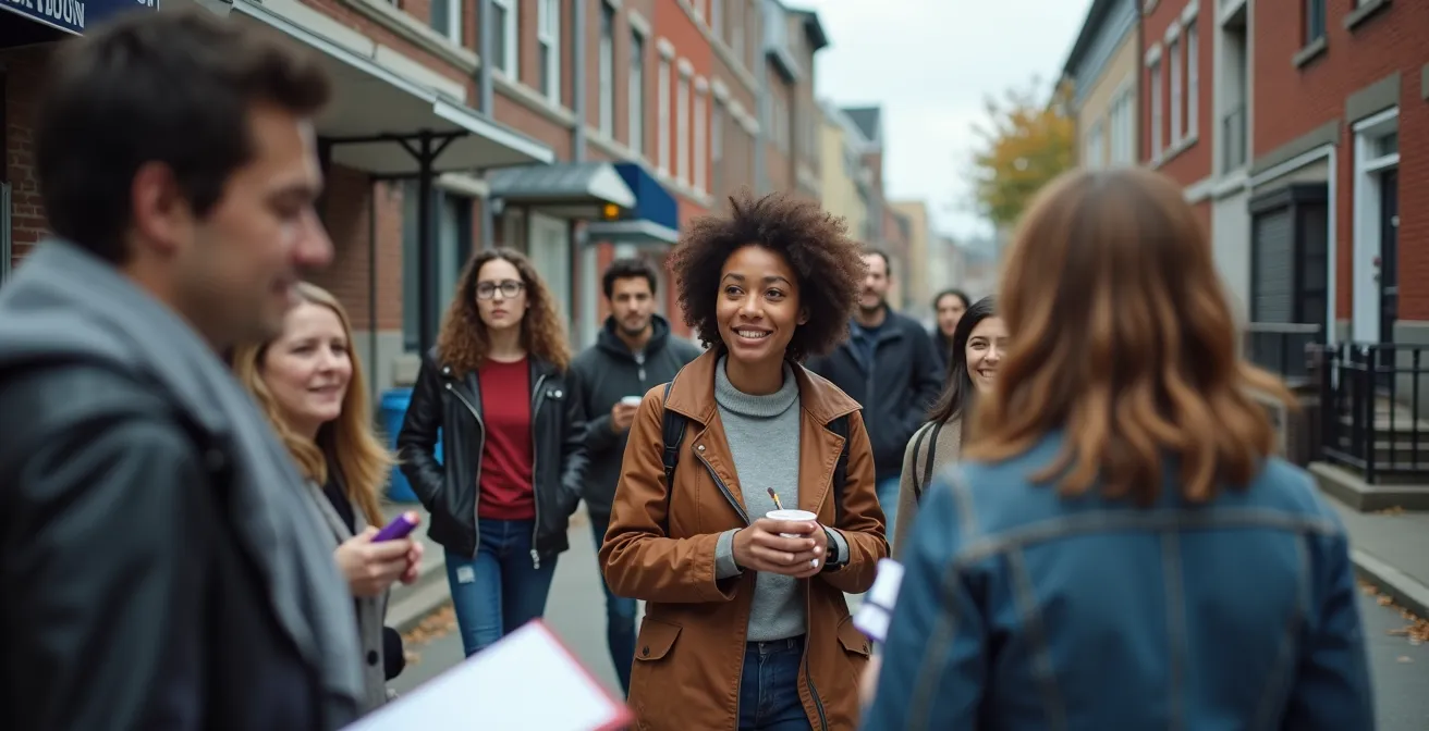 Groupe de voisins en marche exploratoire dans un quartier montréalais, cartographiant les besoins locaux