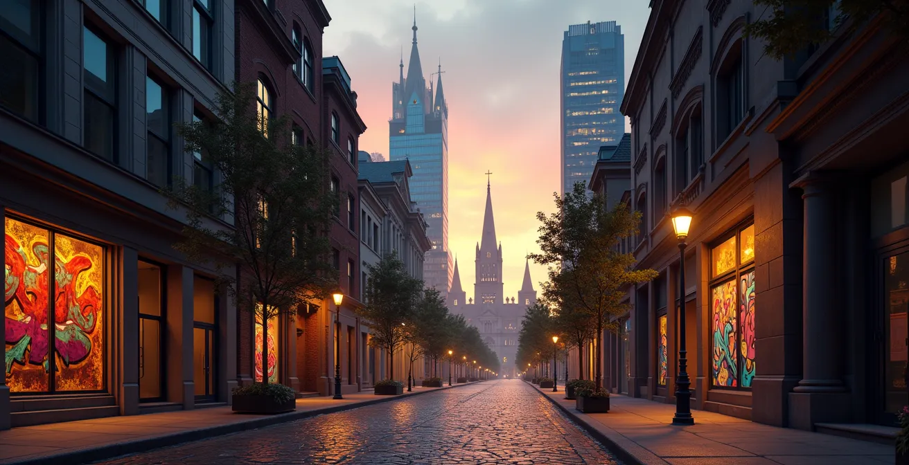 Vue en contre-plongée d'une ville moderne où des gratte-ciels de verre coexistent avec des clochers d'églises anciens, symbolisant le contraste entre tradition et innovation à Montréal.