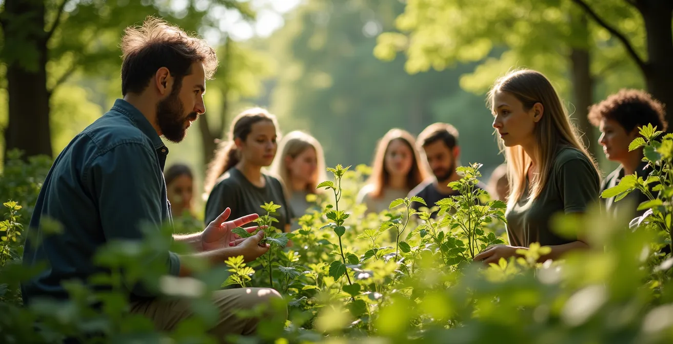Botaniste montrant des plantes comestibles et utiles lors d'une visite guidée au Mont-Royal avec un groupe de visiteurs attentifs