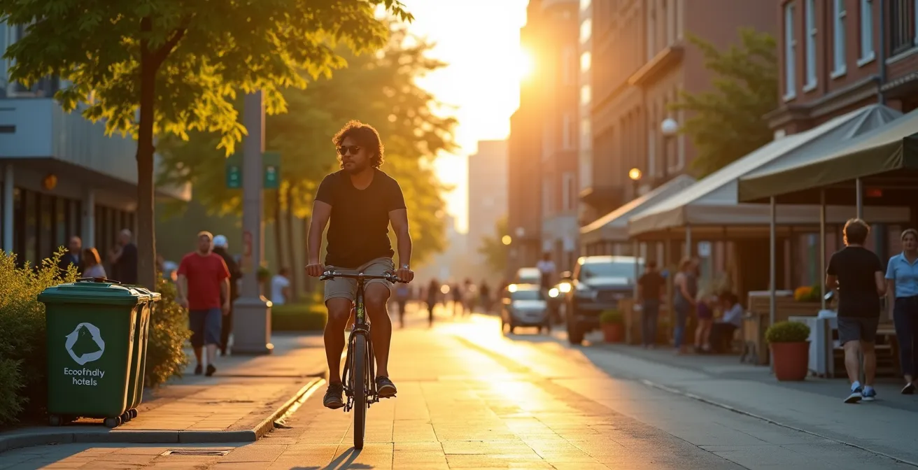 Touriste à Montréal utilisant un vélo dans un décor urbain verdoyant avec des symboles de durabilité et respect de l'environnement