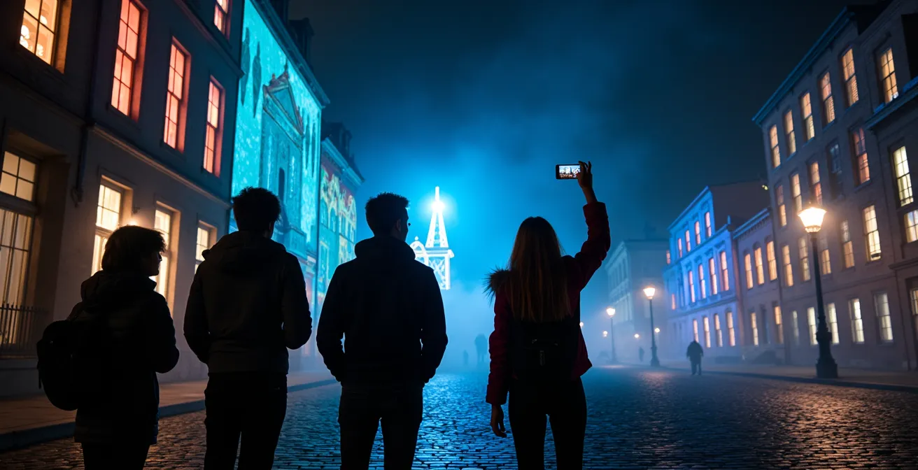 Adolescents captivés par les projections lumineuses de Cité Mémoire sur les murs du Vieux-Montréal