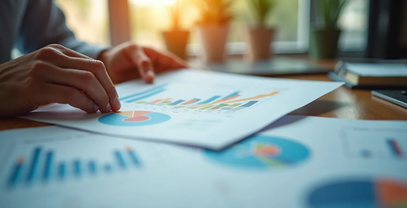 Gros plan sur des mains tenant des documents financiers avec graphiques et tableaux