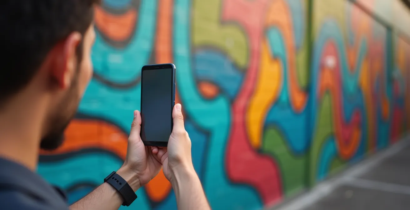 Personne tenant un téléphone devant une murale colorée avec des éléments virtuels visibles