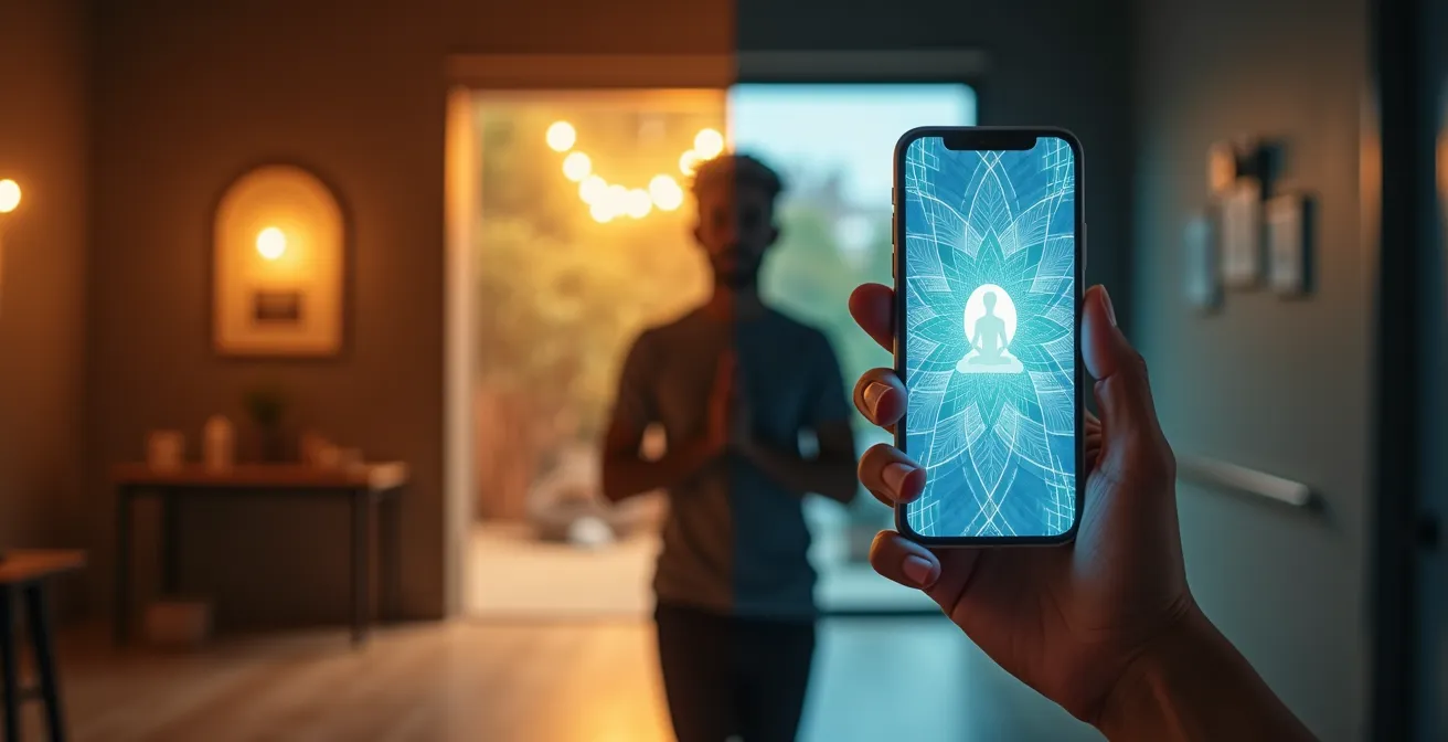 Vue symbolique montrant une personne entre deux chemins représentant le choix numérique versus physique