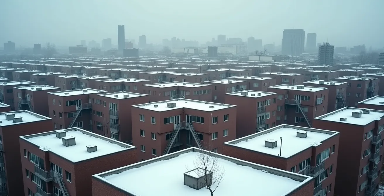 Vue aérienne d'un quartier montréalais avec ses triplex caractéristiques et leurs escaliers extérieurs