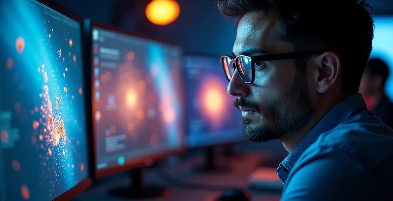 Artiste VFX travaillant sur une station de travail haute performance dans un studio montréalais