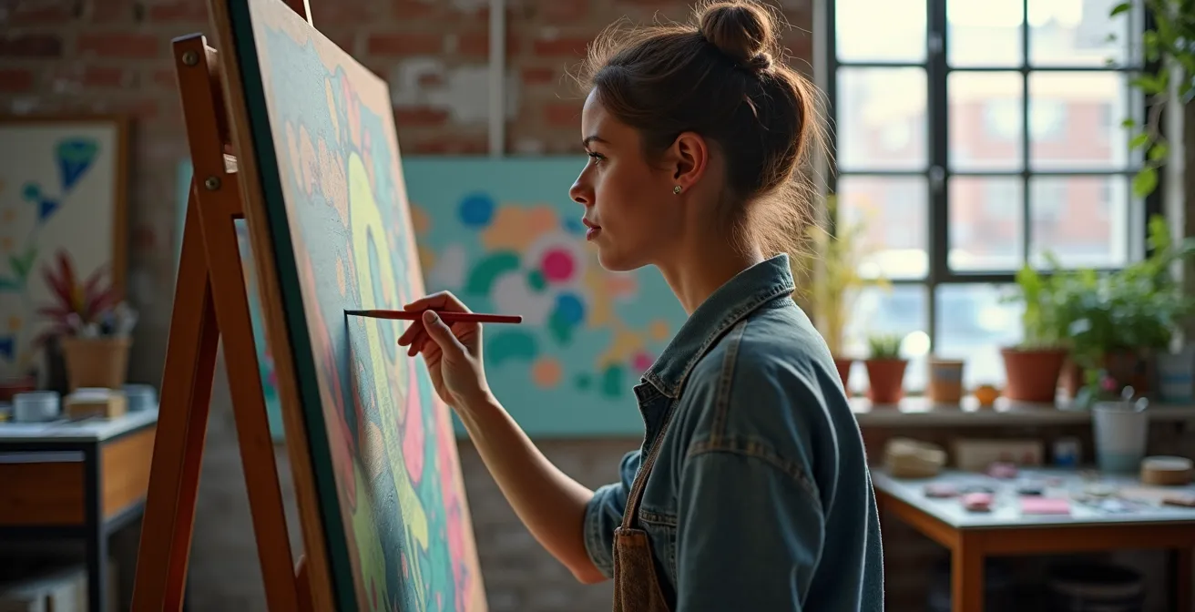 Artiste travaillant dans un atelier lumineux du Mile-End avec verrière industrielle