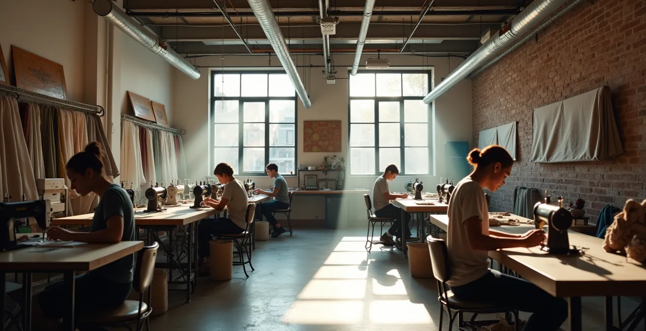 Atelier de confection textile montréalais avec artisans au travail sous lumière naturelle