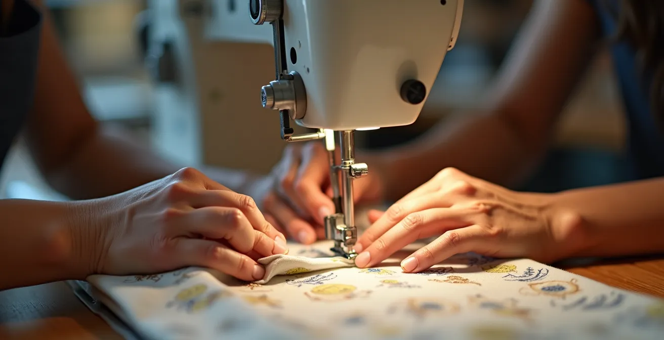 Mains de couturière travaillant sur du tissu avec une machine à coudre en arrière-plan.