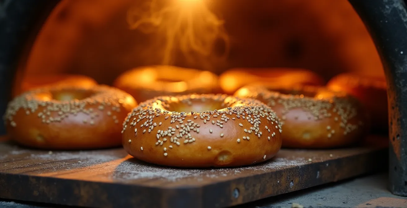 Bagels dorés sortant d'un four à bois traditionnel dans une boulangerie montréalaise